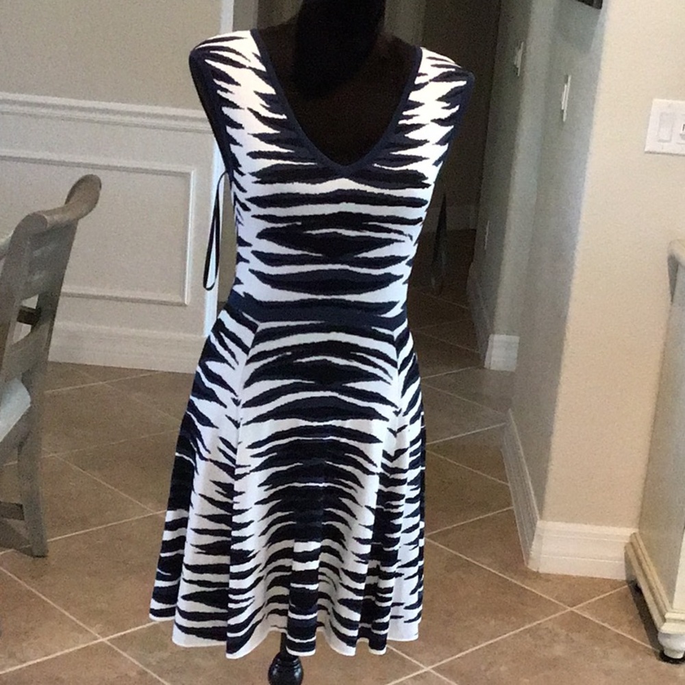 Milly Ikat fit and flare knit dress, sleeveless, back zip, blue/black/white, XS